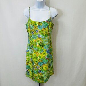 Kelly and Diane Floral Slip Dress Size 2 Green Blue Spaghetti Strap Back Zip
